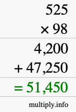 How to calculate 525 times 98 using long multiplication