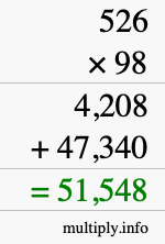 How to calculate 526 times 98 using long multiplication