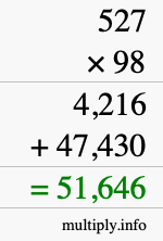 How to calculate 527 times 98 using long multiplication