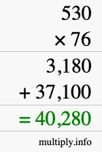 How to calculate 530 times 76 using long multiplication
