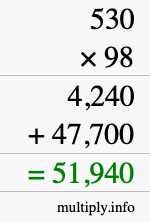 How to calculate 530 times 98 using long multiplication