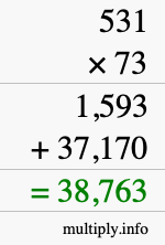 How to calculate 531 times 73 using long multiplication