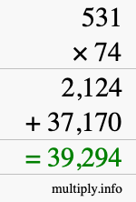 How to calculate 531 times 74 using long multiplication