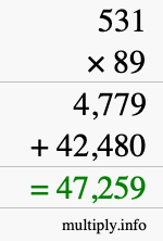 How to calculate 531 times 89 using long multiplication