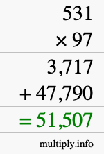 How to calculate 531 times 97 using long multiplication