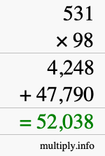 How to calculate 531 times 98 using long multiplication