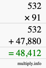 How to calculate 532 times 91 using long multiplication