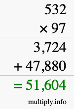How to calculate 532 times 97 using long multiplication