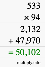 How to calculate 533 times 94 using long multiplication