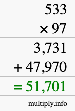 How to calculate 533 times 97 using long multiplication
