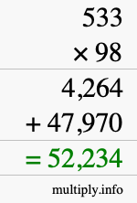 How to calculate 533 times 98 using long multiplication
