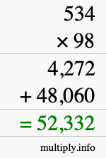 How to calculate 534 times 98 using long multiplication