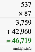 How to calculate 537 times 87 using long multiplication