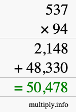 How to calculate 537 times 94 using long multiplication