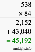 How to calculate 538 times 84 using long multiplication