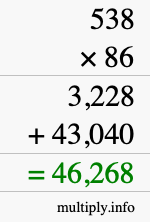 How to calculate 538 times 86 using long multiplication