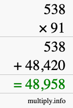 How to calculate 538 times 91 using long multiplication