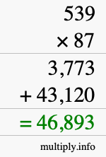 How to calculate 539 times 87 using long multiplication