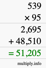 How to calculate 539 times 95 using long multiplication