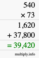 How to calculate 540 times 73 using long multiplication