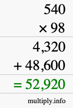 How to calculate 540 times 98 using long multiplication