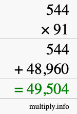 How to calculate 544 times 91 using long multiplication