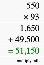How to calculate 550 times 93 using long multiplication