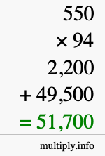 How to calculate 550 times 94 using long multiplication