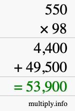 How to calculate 550 times 98 using long multiplication