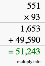 How to calculate 551 times 93 using long multiplication