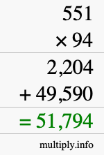 How to calculate 551 times 94 using long multiplication