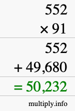 How to calculate 552 times 91 using long multiplication