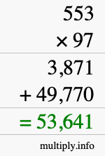 How to calculate 553 times 97 using long multiplication