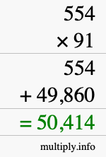 How to calculate 554 times 91 using long multiplication