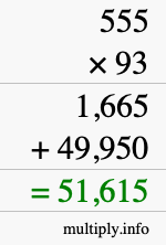 How to calculate 555 times 93 using long multiplication