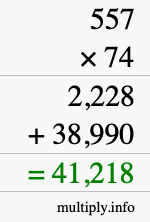 How to calculate 557 times 74 using long multiplication
