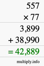 How to calculate 557 times 77 using long multiplication