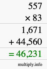 How to calculate 557 times 83 using long multiplication