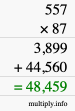 How to calculate 557 times 87 using long multiplication