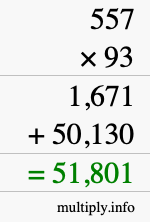 How to calculate 557 times 93 using long multiplication