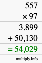 How to calculate 557 times 97 using long multiplication