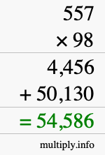 How to calculate 557 times 98 using long multiplication