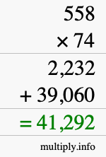 How to calculate 558 times 74 using long multiplication