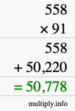 How to calculate 558 times 91 using long multiplication