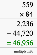 How to calculate 559 times 84 using long multiplication