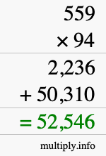 How to calculate 559 times 94 using long multiplication