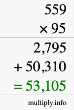 How to calculate 559 times 95 using long multiplication How to calculate 559 times 95 using long multiplication