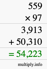How to calculate 559 times 97 using long multiplication