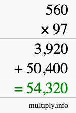 How to calculate 560 times 97 using long multiplication