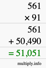 How to calculate 561 times 91 using long multiplication